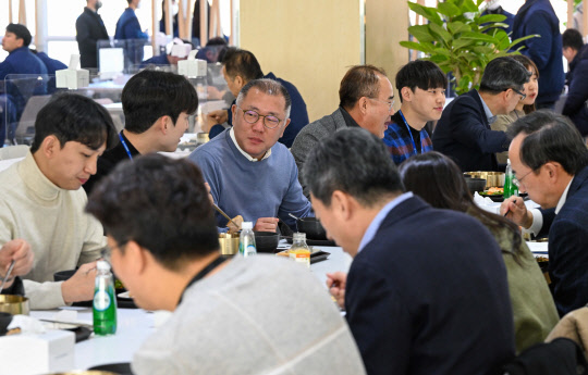 정의선(뒷줄 왼쪽 세 번째) 현대자동차그룹 회장이 3일 현대차·기아 남양연구소에서 신년회를 가진 후 사내식당에서 직원들과 점심을 먹고 있다. 현대차그룹 제공